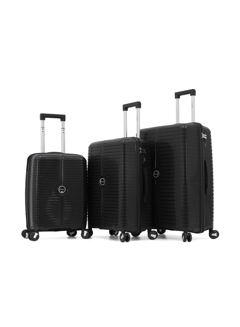 إلنترا unbreakable hardshell pp luggage set with 8 wheels thick shell multi layer pp 3 piece set, 20, 24, 28 inch (black)