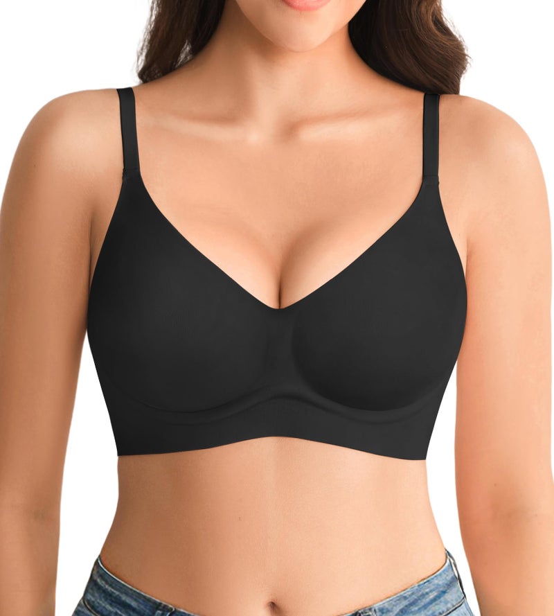 SHARICCA Jelly Bras for Women No Underwire - Wireless Seamless Padded Bralette, Full Coverage Back Smoothing Bra with Support (S-2XL) Black - Image 1