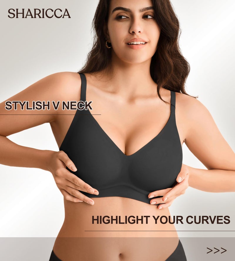 SHARICCA Jelly Bras for Women No Underwire - Wireless Seamless Padded Bralette, Full Coverage Back Smoothing Bra with Support (S-2XL) Black - Image 2