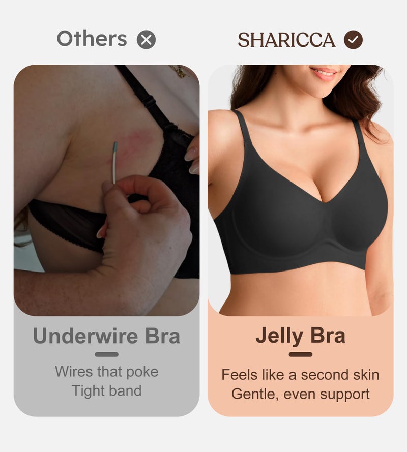 SHARICCA Jelly Bras for Women No Underwire - Wireless Seamless Padded Bralette, Full Coverage Back Smoothing Bra with Support (S-2XL) Black - Image 5