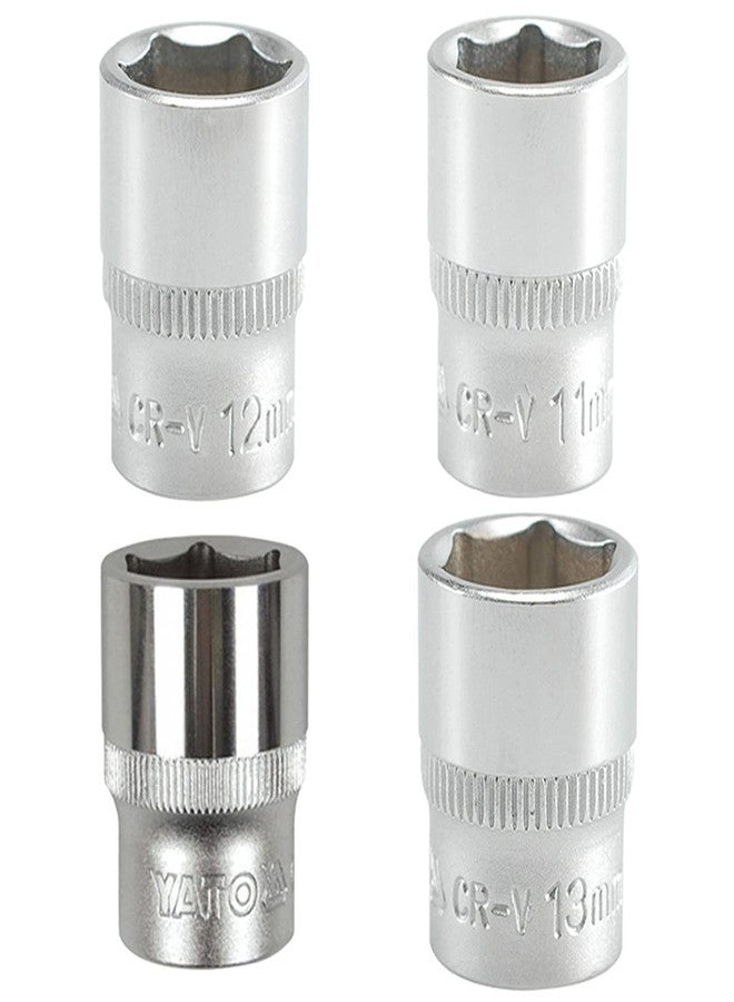 Yato combo Set of 4 Hexagonal Sockets YT-1410(11mm),YT-1411(12mm),YT-1413(13mm), YT-14122(14mm) with length of 25mm and 1/4 inch drive made of chromium Vanadium-Pack of 4 - Image 1
