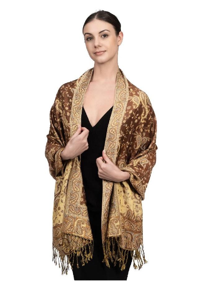 Achillea - Achillea Soft Silky Reversible Paisley Pashmina Shawl Wrap Scarf w/Fringes 80" x 28" (Brown) - Image 1