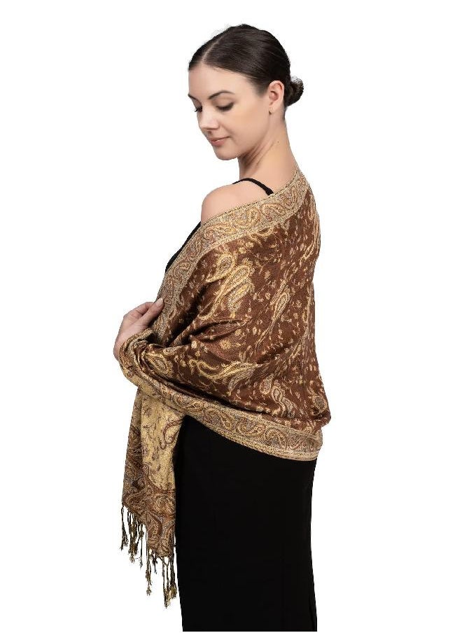 Achillea - Achillea Soft Silky Reversible Paisley Pashmina Shawl Wrap Scarf w/Fringes 80" x 28" (Brown) - Image 1