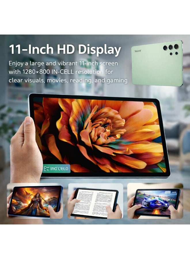 Telzeal تابلت تلزيل P202 – أخضر (12 جيجابايت RAM، 512 جيجابايت ROM)، شاشة 11 بوصة HD، بطارية 10000 مللي أمبير، كاميرا خلفية 20 ميجابكسل، شريحتين SIM، أندرويد 15، لوحة مفاتيح وفأرة متضمنة - Image 2