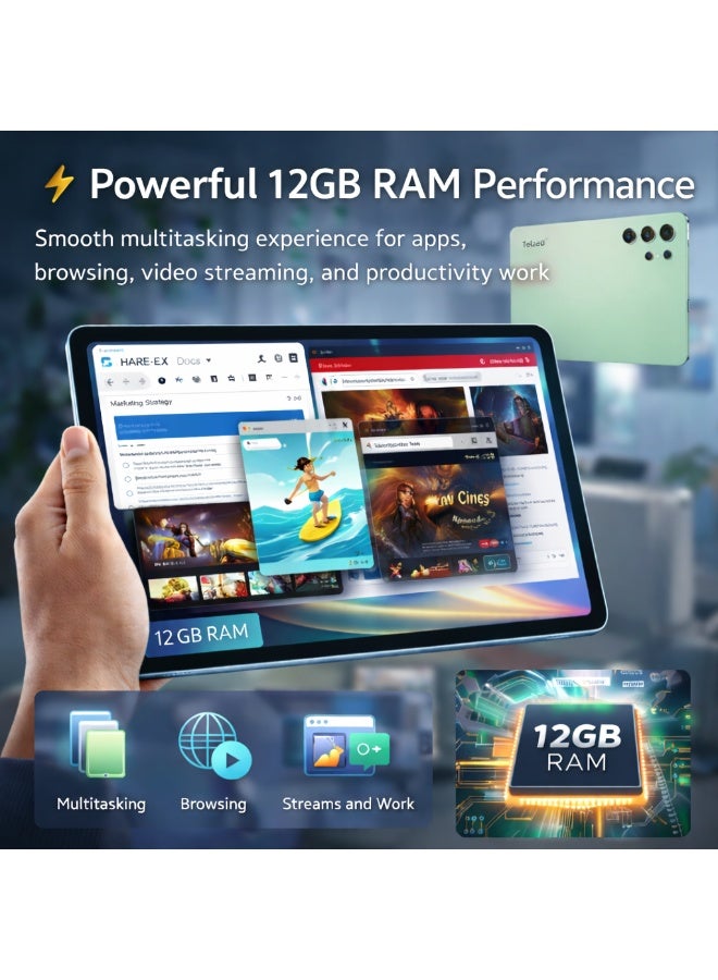 Telzeal تابلت تلزيل P202 – أخضر (12 جيجابايت RAM، 512 جيجابايت ROM)، شاشة 11 بوصة HD، بطارية 10000 مللي أمبير، كاميرا خلفية 20 ميجابكسل، شريحتين SIM، أندرويد 15، لوحة مفاتيح وفأرة متضمنة - Image 3