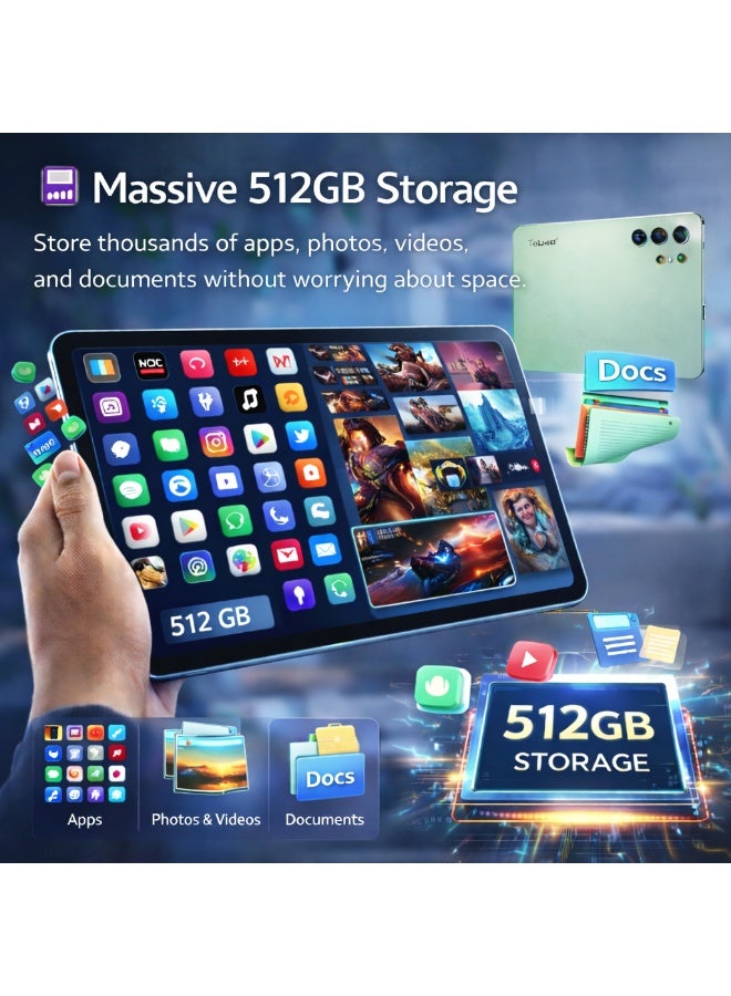 Telzeal تابلت تلزيل P202 – أخضر (12 جيجابايت RAM، 512 جيجابايت ROM)، شاشة 11 بوصة HD، بطارية 10000 مللي أمبير، كاميرا خلفية 20 ميجابكسل، شريحتين SIM، أندرويد 15، لوحة مفاتيح وفأرة متضمنة - Image 5