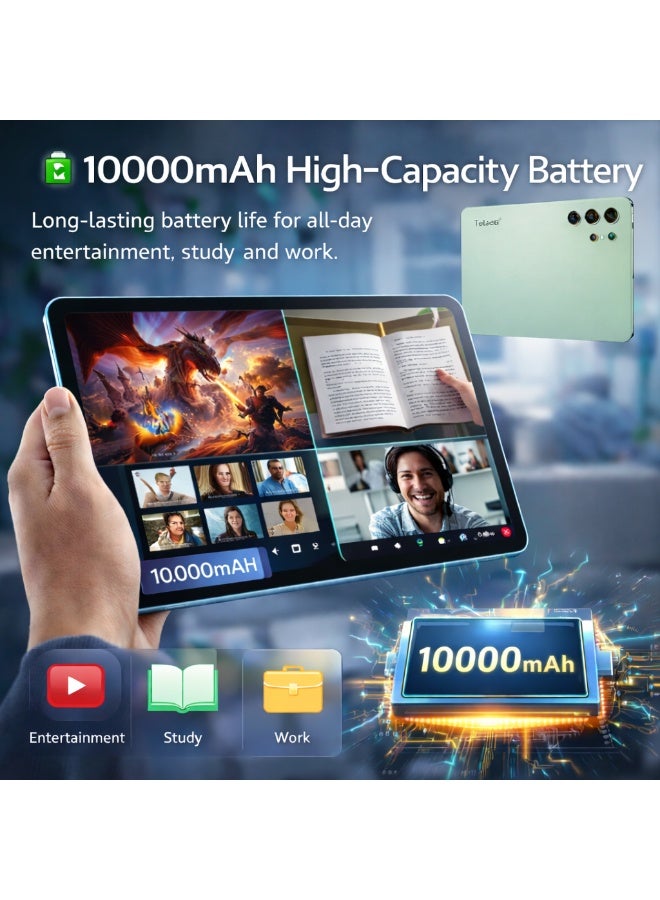 Telzeal تابلت تلزيل P202 – أخضر (12 جيجابايت RAM، 512 جيجابايت ROM)، شاشة 11 بوصة HD، بطارية 10000 مللي أمبير، كاميرا خلفية 20 ميجابكسل، شريحتين SIM، أندرويد 15، لوحة مفاتيح وفأرة متضمنة - Image 4