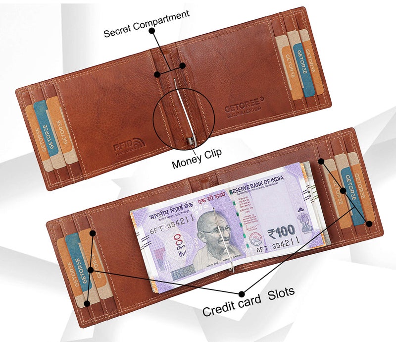 GETOREE Florence -Teak Genuine Leather RFID Protected Slim & Minimalist Money Clip Wallet with Card Holder Slots for Men &Women - Blue - Image 2