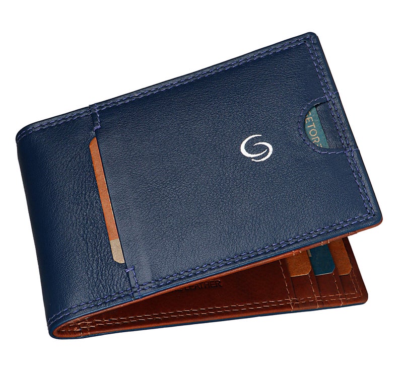 GETOREE Florence -Teak Genuine Leather RFID Protected Slim & Minimalist Money Clip Wallet with Card Holder Slots for Men &Women - Blue - Image 3