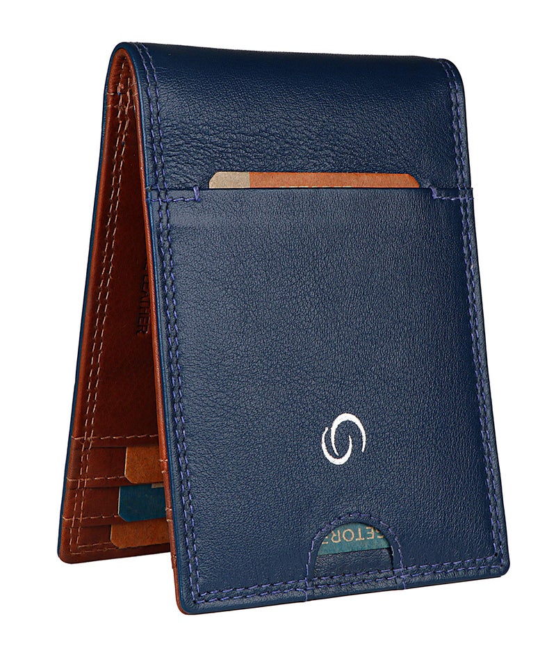 GETOREE Florence -Teak Genuine Leather RFID Protected Slim & Minimalist Money Clip Wallet with Card Holder Slots for Men &Women - Blue - Image 1