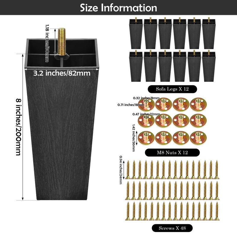 TURSTIN 12 Pieces 8" Plastic Furniture Legs Replacement Couch Legs Square Tapered Sofa Leg Mid-Century Modern Furniture Feet for Armchairs Couch Bed Coffee Table Dresser - Image 2