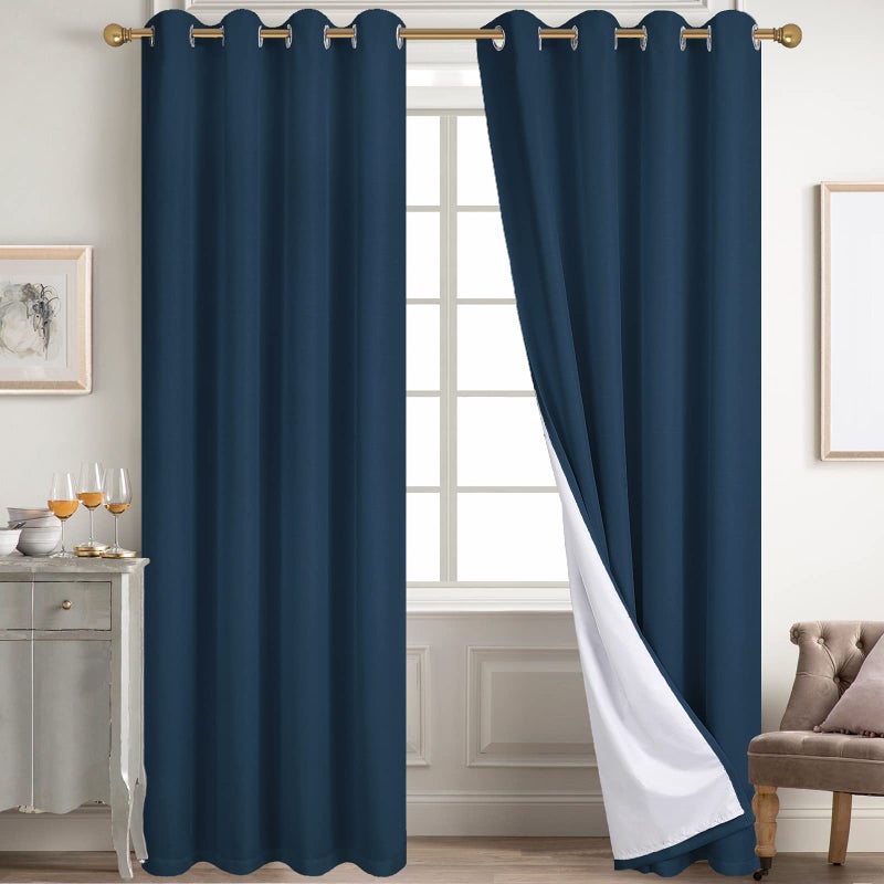 Diraysid 100 Blackout Curtains Navy Blue Linen Curtains for Bedroom Grommet Thermal Insulated Room Darkening Drapes 2 Panels W52 x L84 Inch