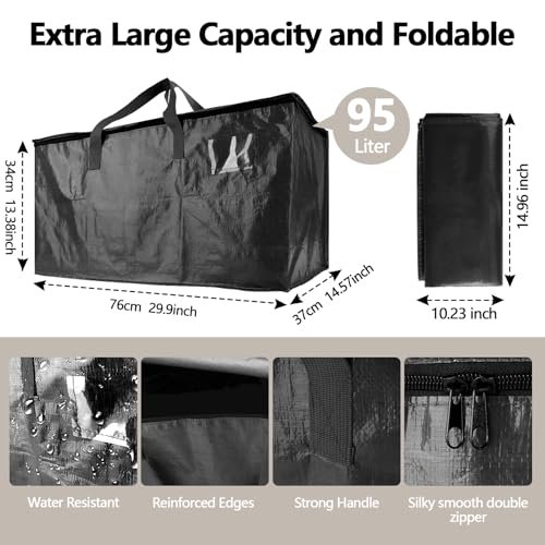 Demiwise 12 Pack Waterproof Moving Bags with Strong Zippers and Reinforced Handles, Real 100lb Capacity Extra Heavy Duty Large Storage Totes for Packing & Moving Storing, Alternative to Moving Boxes -95L,Black - Image 3