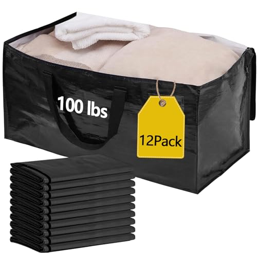 Demiwise 12 Pack Waterproof Moving Bags with Strong Zippers and Reinforced Handles, Real 100lb Capacity Extra Heavy Duty Large Storage Totes for Packing & Moving Storing, Alternative to Moving Boxes -95L,Black - Image 1