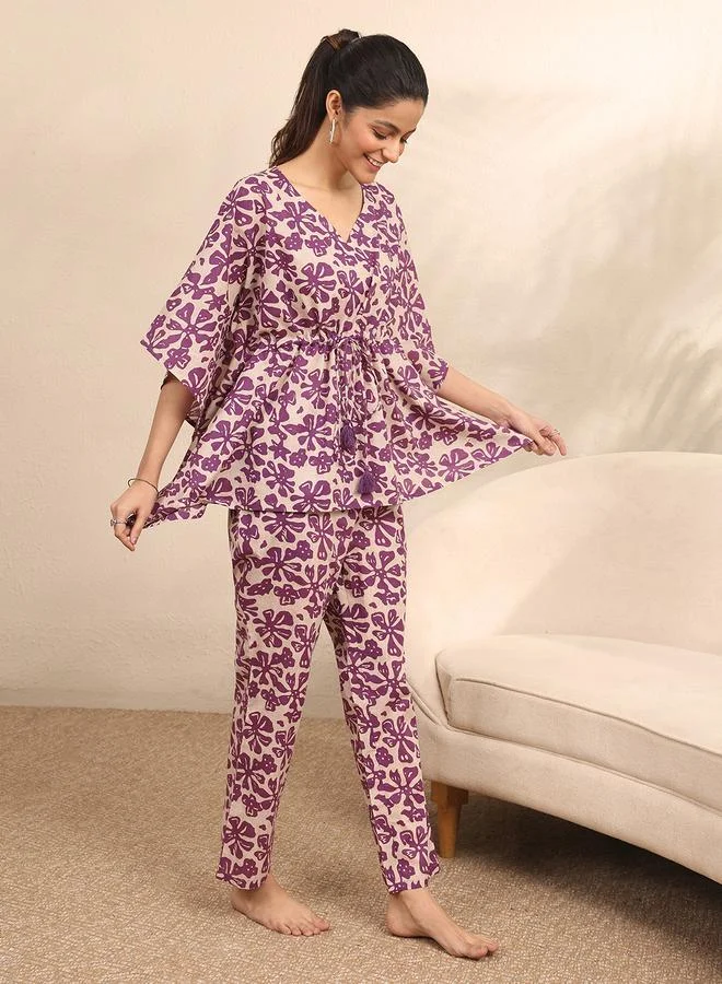 لباس Purple Floral Motif Print Kurti and Pants Set