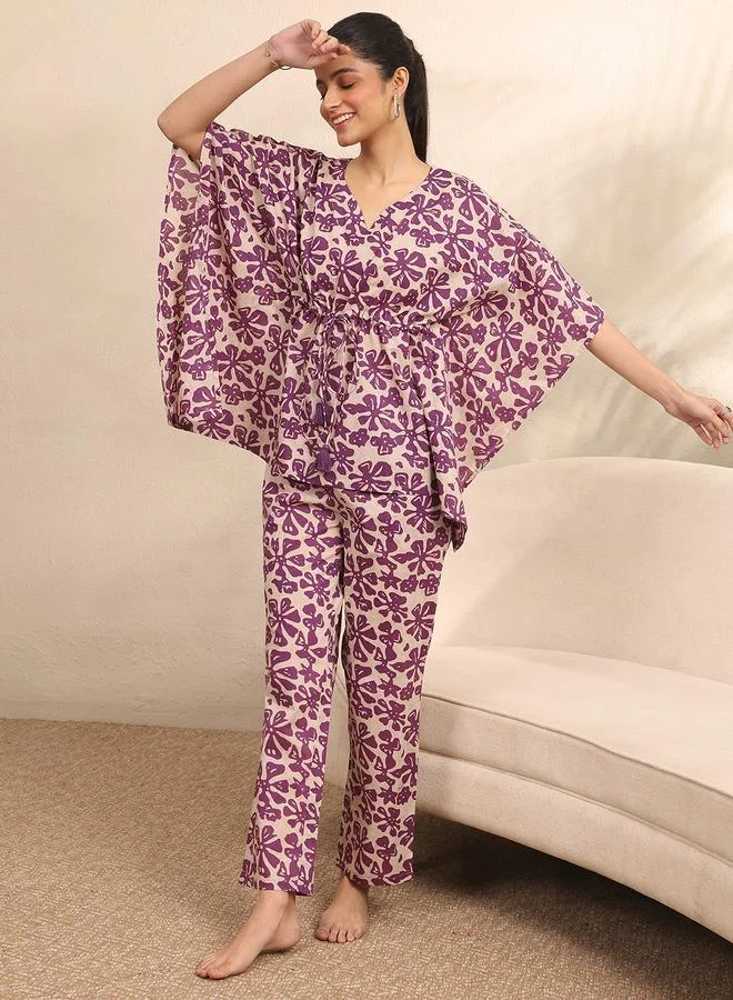 لباس Purple Floral Motif Print Kurti and Pants Set