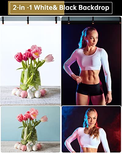 UTEBIT White Black Backdrop, 5 * 6.5FT 2-in-1 Double Sided Photo Backdrop Kit Black/White Screen Background for Photography with 4 Spring Clamps, Low Temperature Ironing to Remove Wrinkles - Image 5