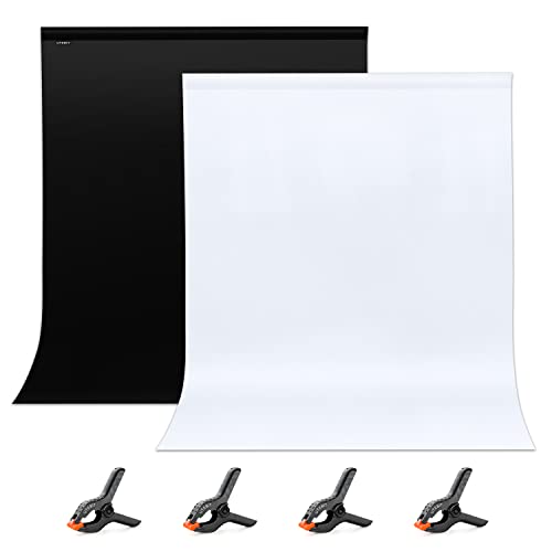 UTEBIT White Black Backdrop, 5 * 6.5FT 2-in-1 Double Sided Photo Backdrop Kit Black/White Screen Background for Photography with 4 Spring Clamps, Low Temperature Ironing to Remove Wrinkles - Image 1