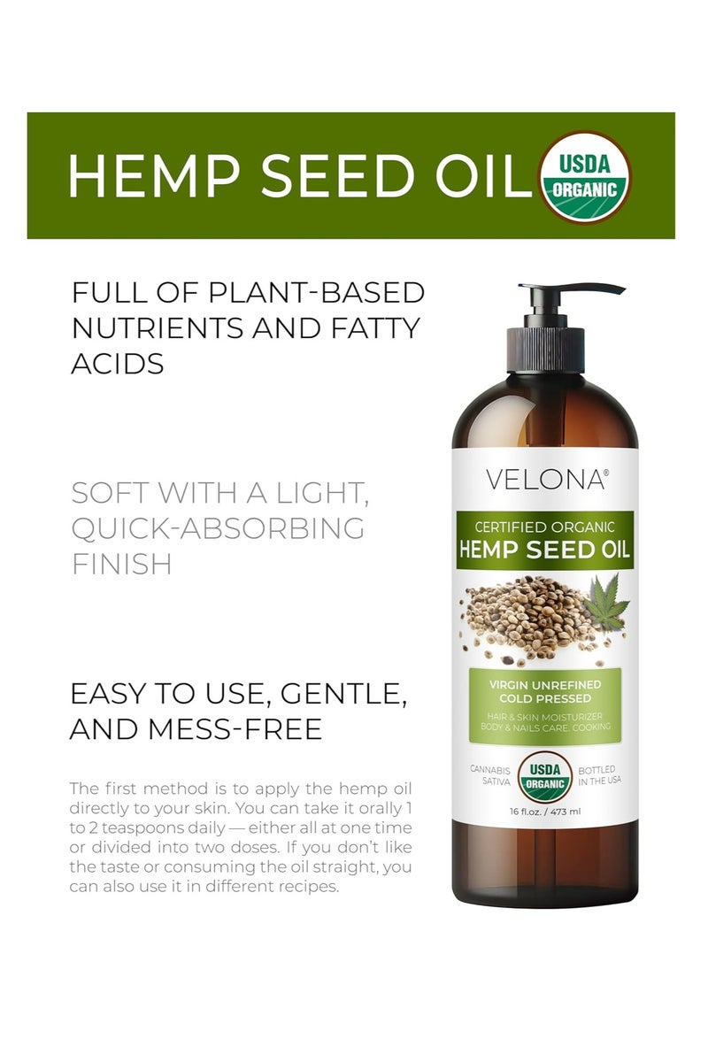 velona زيت بذور القنب من فيلونا - معتمد عضوي من وزارة الزراعة الأمريكية - 8 أونصة سائلة | زيت ناقل نقي وطبيعي 100% | غير مكرر، معصور على البارد | للعناية بالشعر والجسم والوجه والبشرة - Image 2