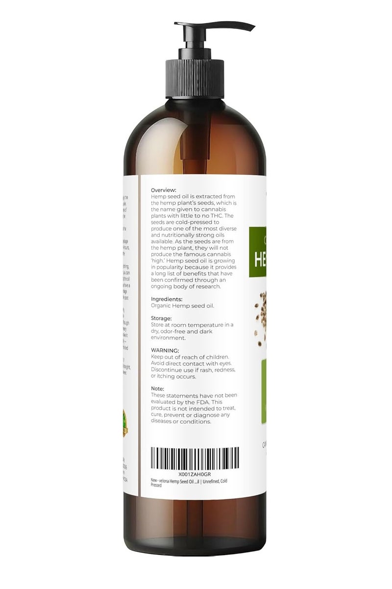 velona زيت بذور القنب من فيلونا - معتمد عضوي من وزارة الزراعة الأمريكية - 8 أونصة سائلة | زيت ناقل نقي وطبيعي 100% | غير مكرر، معصور على البارد | للعناية بالشعر والجسم والوجه والبشرة - Image 3