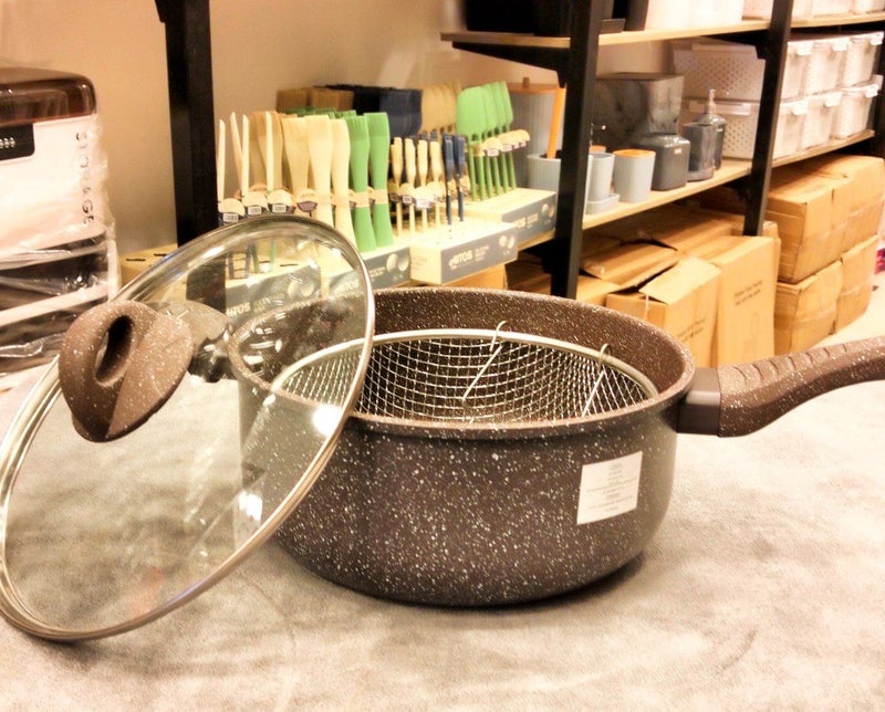 Granite Frying Pan with Strainer and Pyrex Lid, 2 Handles, 24cm - Image 3