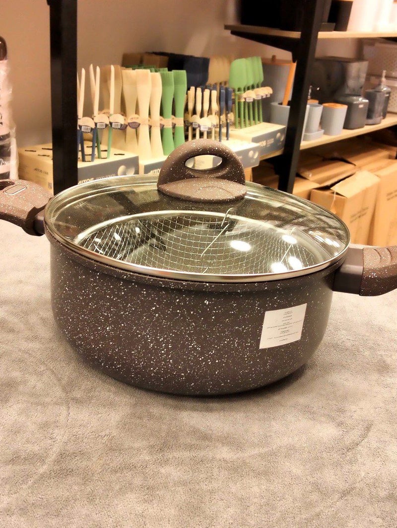 Granite Frying Pan with Strainer and Pyrex Lid, 2 Handles, 24cm - Image 4