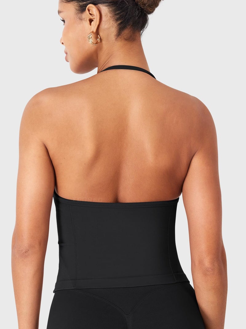 YEOREO SoftHue Impact Longline Strappy Top Women's Halter Workout Tank Tops Backless Gym Longline with Adjustable Strap Black - Image 4