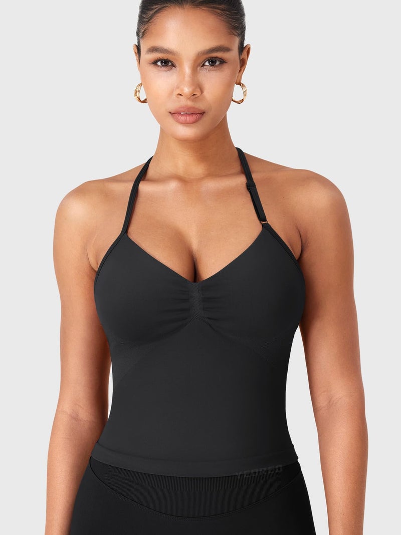 YEOREO SoftHue Impact Longline Strappy Top Women's Halter Workout Tank Tops Backless Gym Longline with Adjustable Strap Black - Image 3