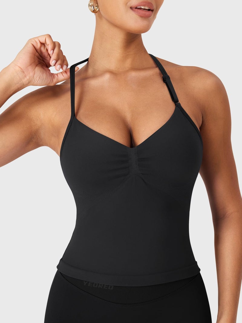 YEOREO SoftHue Impact Longline Strappy Top Women's Halter Workout Tank Tops Backless Gym Longline with Adjustable Strap Black - Image 5