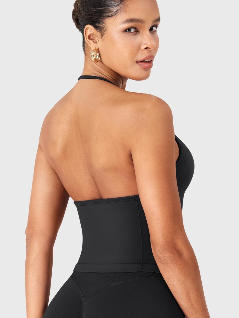 YEOREO SoftHue Impact Longline Strappy Top Women's Halter Workout Tank Tops Backless Gym Longline with Adjustable Strap Black - Image 2