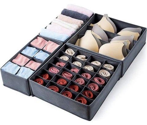4 Pack Foldable Underwear and Bras Drawer Organizers, Fabric Closet Dresser Drawers Organizers Dividers, Clothing Storage Organizers Box for Lingerie, Panties, Socks, Briefs, Dark Gray