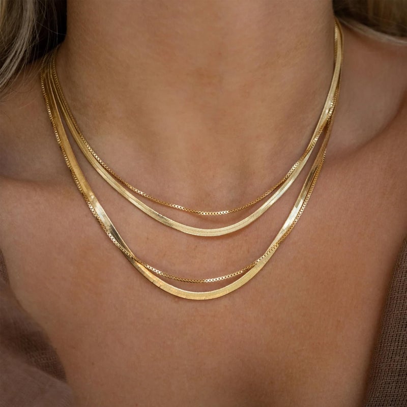 WomenGifts Dainty Gold Herringbone Choker Necklace for Women â€“ 14K Gold Plated Dainty Snake Chain Choker, Trendy Simple Long Layered Jewelry Non Tarnish, 3mm Width, 14 Inch Long Chain - Image 5