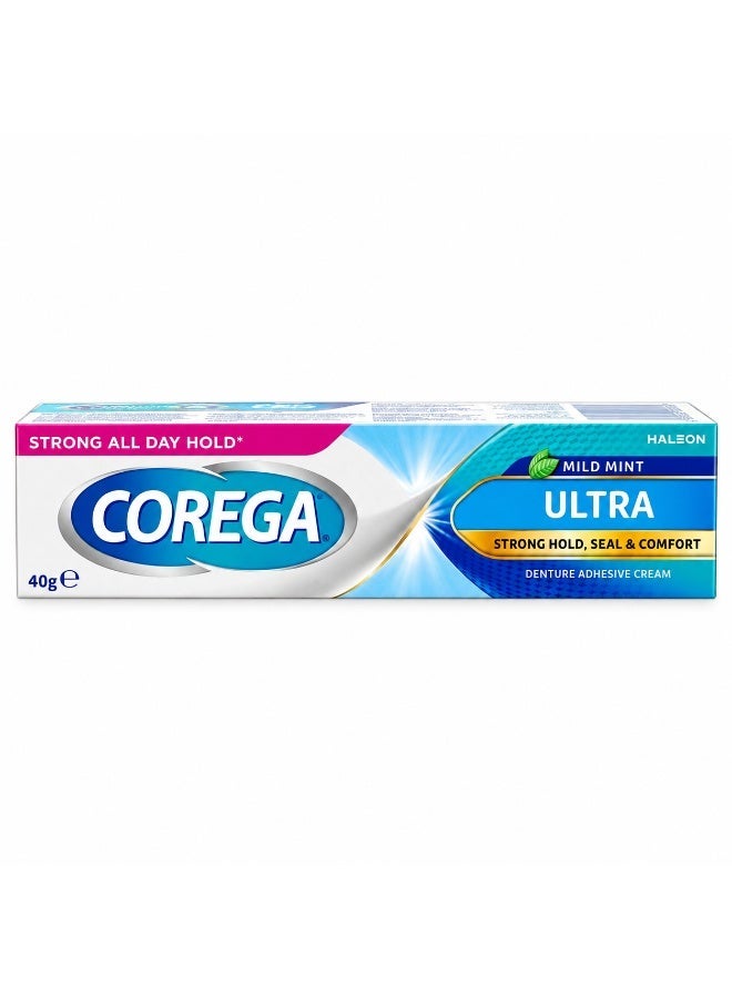 كوريغا كريم كوريغا ألترا (Corega Ultra) اللاصق لأطقم الأسنان بنكهة النعناع الخفيفة 40 جم | تثبيت قوي يدوم طوال اليوم | تثبيت قوي، وعزل محكم، وراحة | ثبات آمن لأطقم الأسنان الكاملة والجزئية - Image 1