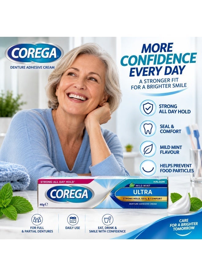 كوريغا كريم كوريغا ألترا (Corega Ultra) اللاصق لأطقم الأسنان بنكهة النعناع الخفيفة 40 جم | تثبيت قوي يدوم طوال اليوم | تثبيت قوي، وعزل محكم، وراحة | ثبات آمن لأطقم الأسنان الكاملة والجزئية - Image 3