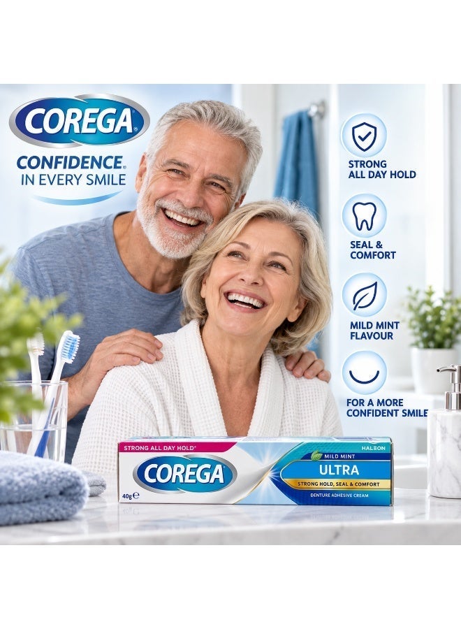 كوريغا كريم كوريغا ألترا (Corega Ultra) اللاصق لأطقم الأسنان بنكهة النعناع الخفيفة 40 جم | تثبيت قوي يدوم طوال اليوم | تثبيت قوي، وعزل محكم، وراحة | ثبات آمن لأطقم الأسنان الكاملة والجزئية - Image 4
