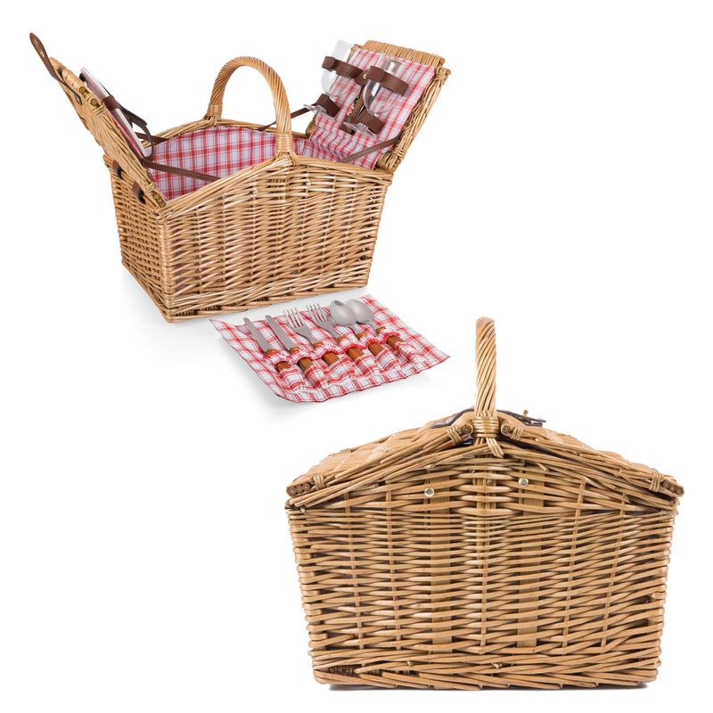 PICNIC TIME Piccadilly Picnic Basket for 2, Romantic Vintage English-Style Wooden Basket, Complete Deluxe Service for Two with Fully-lined Interior and Double-lid Design, (Red & White Plaid Pattern) - Image 4