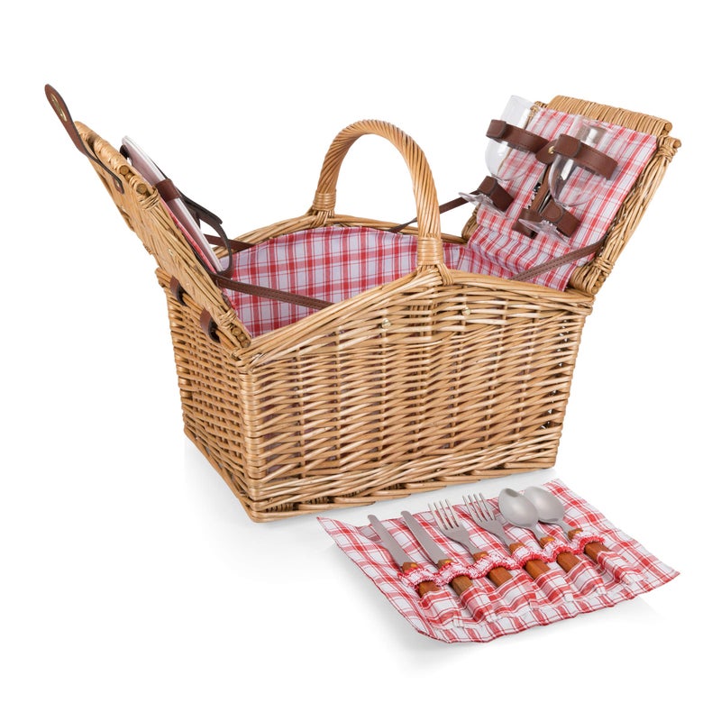 PICNIC TIME Piccadilly Picnic Basket for 2, Romantic Vintage English-Style Wooden Basket, Complete Deluxe Service for Two with Fully-lined Interior and Double-lid Design, (Red & White Plaid Pattern) - Image 1