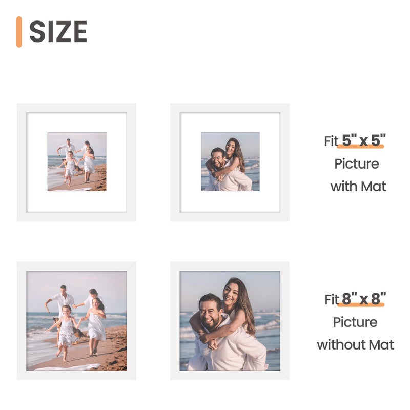 upsimples 8x8 Picture Frame Made of High Definition Glass  Display Pictures 5x5 with Mat or 8x8 Without Mat  Gallery Wall Frame Set  White - Image 2