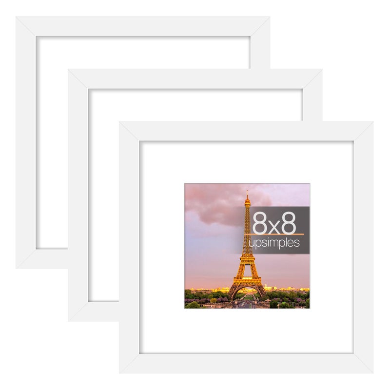 upsimples 8x8 Picture Frame Made of High Definition Glass  Display Pictures 5x5 with Mat or 8x8 Without Mat  Gallery Wall Frame Set  White - Image 1