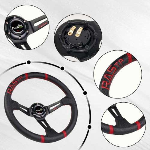 RASTP Universal Racing Steering Wheel,Deep Dish Steering Wheel Leather Embroidery 13.58”/345mm 6 Bolts with Horn Button Include Cable, Wrench,Black - Image 3