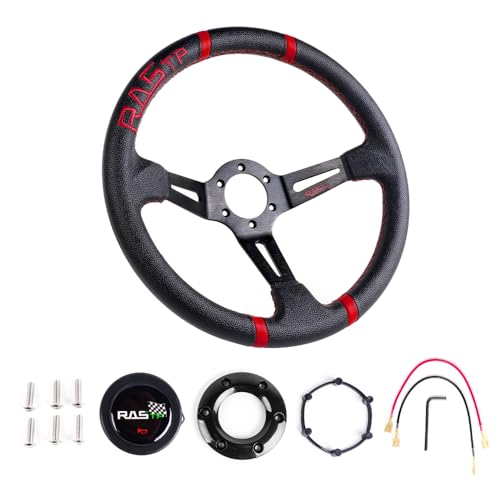RASTP Universal Racing Steering Wheel,Deep Dish Steering Wheel Leather Embroidery 13.58”/345mm 6 Bolts with Horn Button Include Cable, Wrench,Black - Image 2