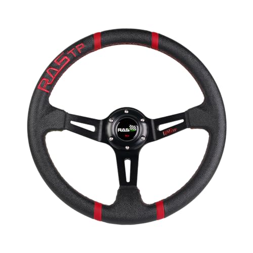 RASTP Universal Racing Steering Wheel,Deep Dish Steering Wheel Leather Embroidery 13.58”/345mm 6 Bolts with Horn Button Include Cable, Wrench,Black - Image 1