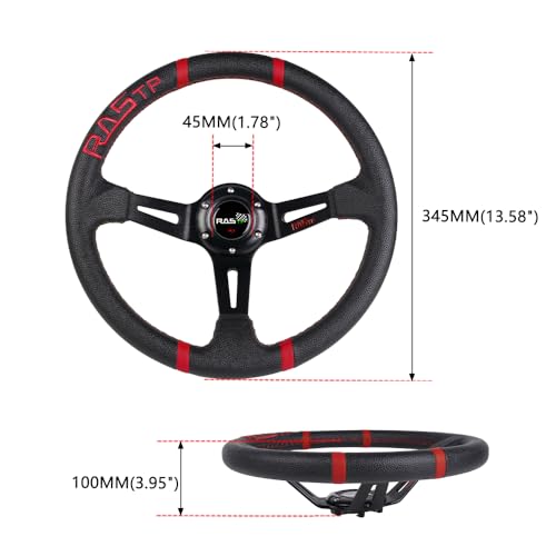 RASTP Universal Racing Steering Wheel,Deep Dish Steering Wheel Leather Embroidery 13.58”/345mm 6 Bolts with Horn Button Include Cable, Wrench,Black - Image 5