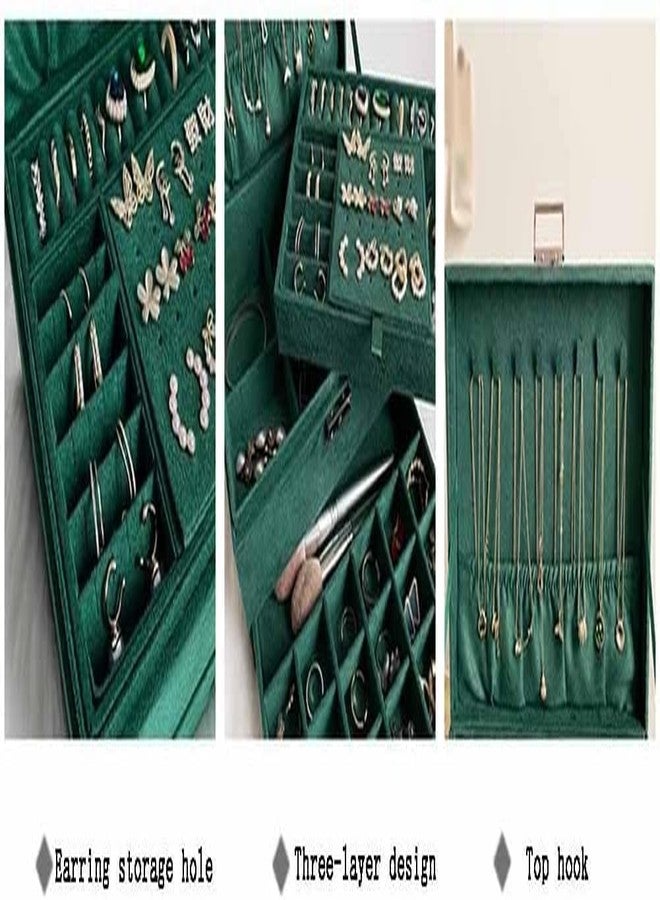 WALITO Engineered Wood Three Layer New Vintage Flannel Jewelry Box Earrings Earrings Rings Necklace Bracelets Jewelry Organiser Storage Case With Drawer For Girls Women Dark Green - Image 4