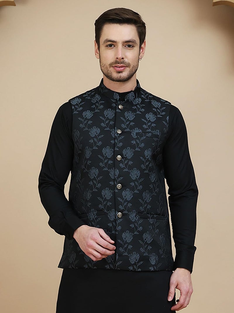 jompers جاكيت نهرو مزخرف أنيق للرجال باللون الأسود - Image 4