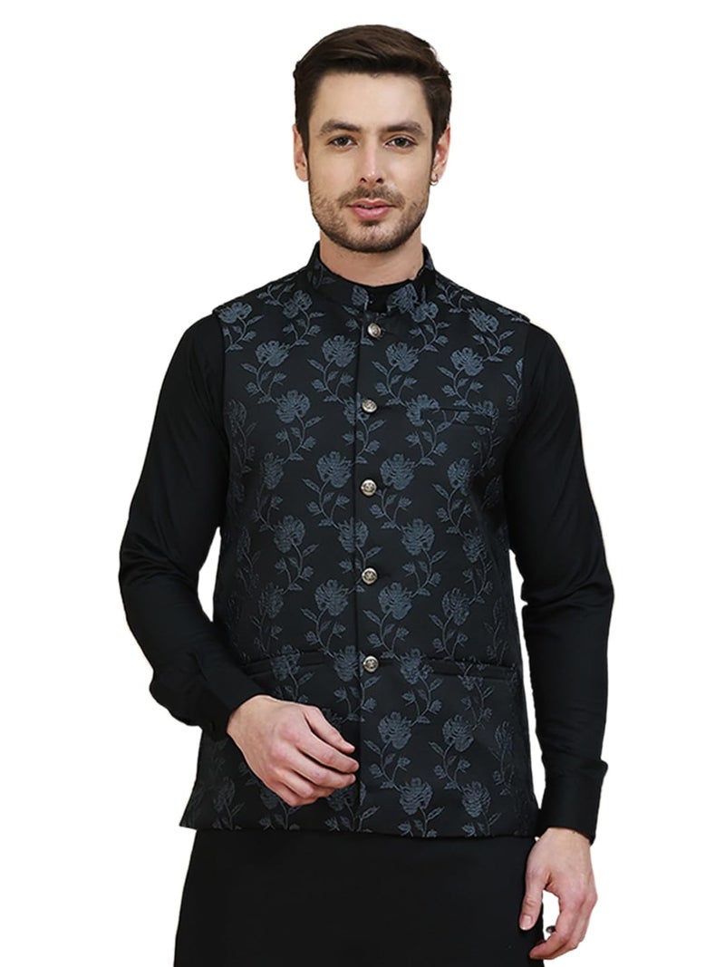 jompers جاكيت نهرو مزخرف أنيق للرجال باللون الأسود - Image 1