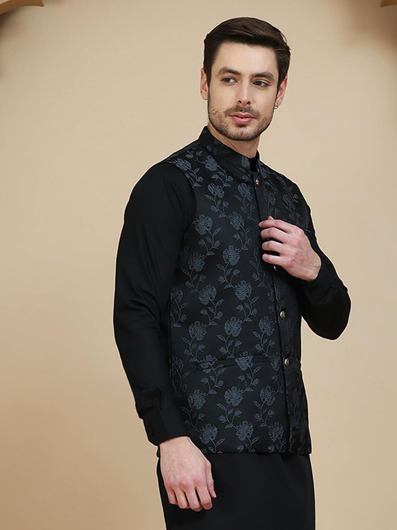 jompers جاكيت نهرو مزخرف أنيق للرجال باللون الأسود - Image 2