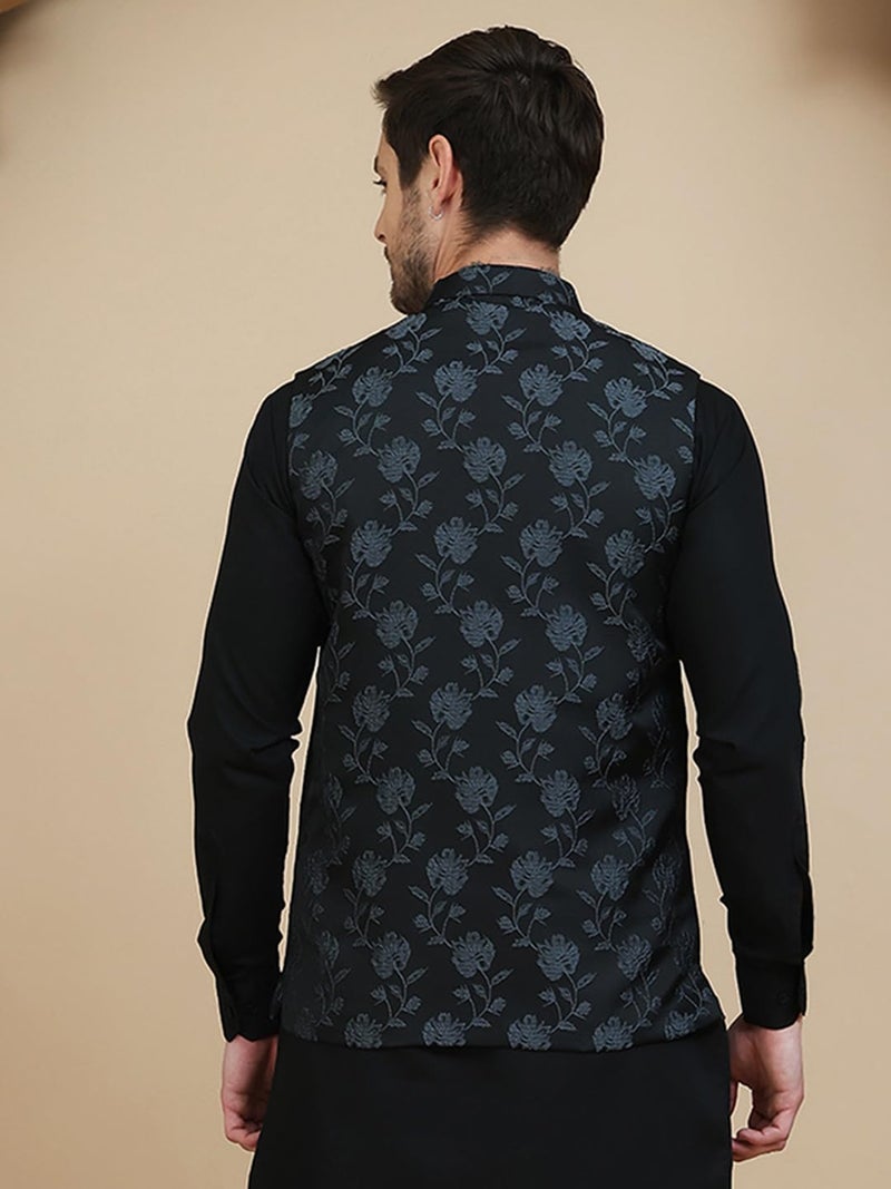 jompers جاكيت نهرو مزخرف أنيق للرجال باللون الأسود - Image 3