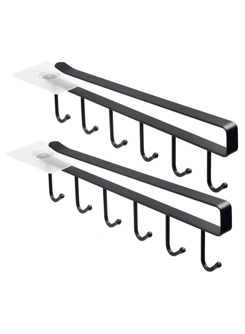 Y&D Adhesive Cup Holder Under Cabinet - 2pcs 6-Hook Mug Hanger,Nail Free Coffee Cups Holder,Kitchen Utensil Storage Ties Belts Scarf Hanging Hooks Rack (2 Pack Black)  - Image 1