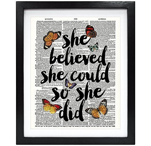 Susie Arts 8X10 Unframed She Believed she Could so she did Quote Art Upcycled Vintage Dictionary Art Print Book Art Print Home Decor Wall Art V139